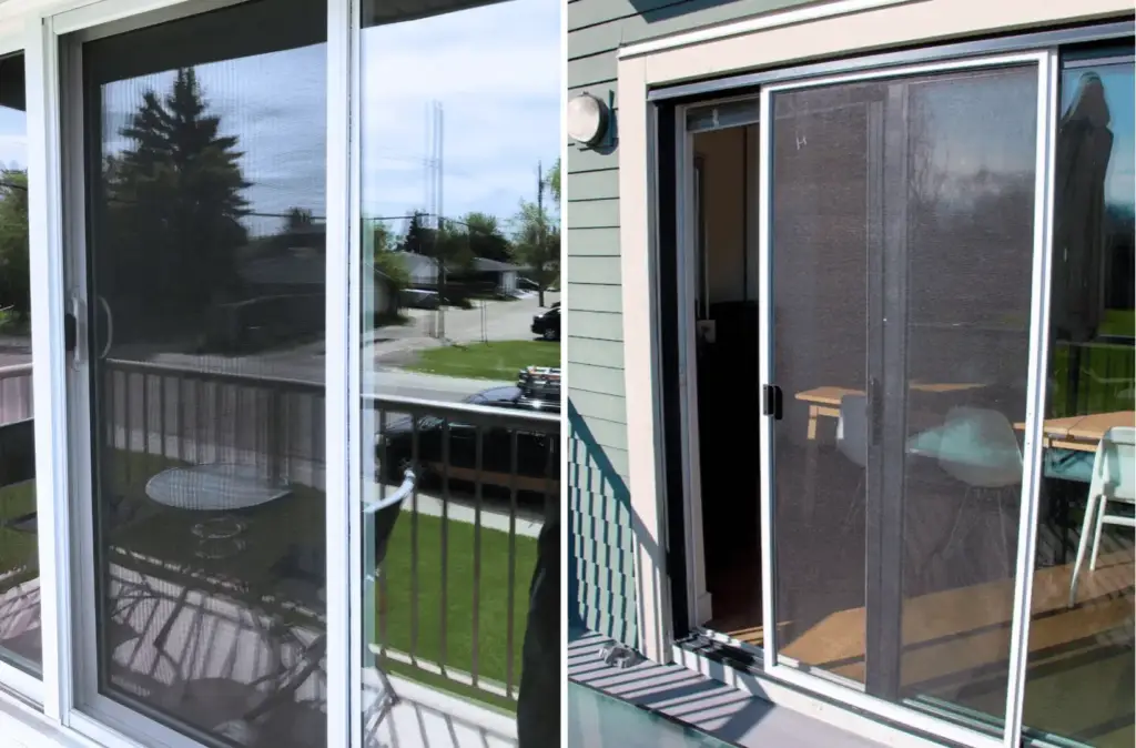 Sliding screen door on a Listowel patio entrance with mesh panels gliding on aluminum top-and-bottom tracks.