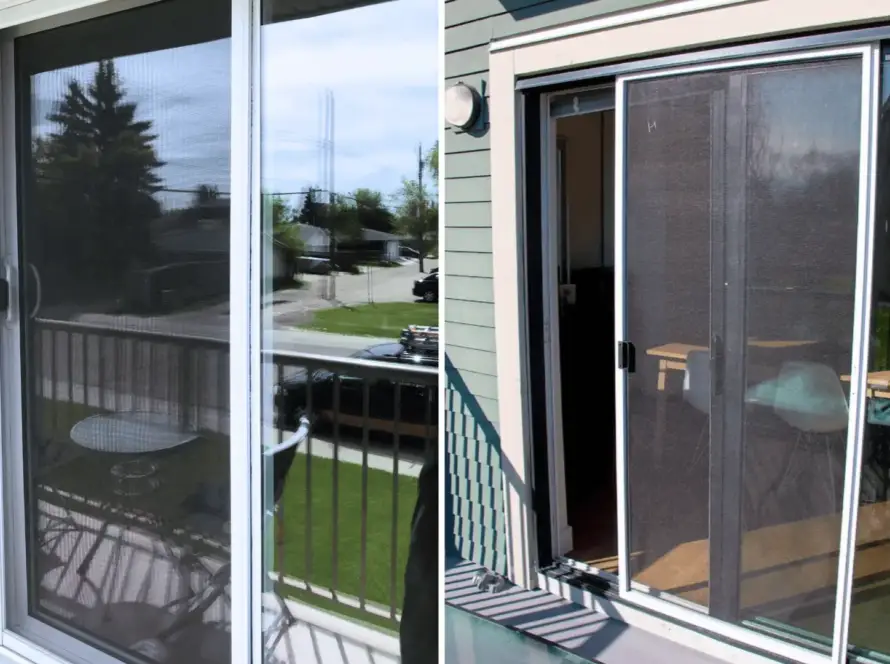 Sliding screen door on a Listowel patio entrance with mesh panels gliding on aluminum top-and-bottom tracks.