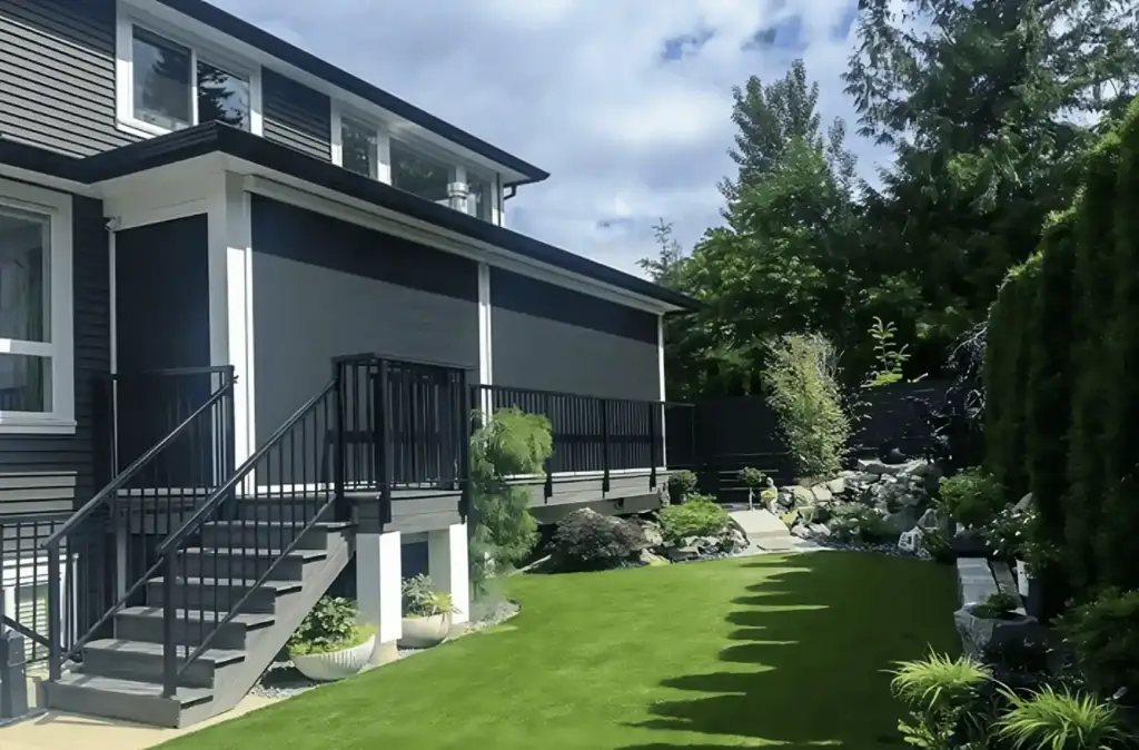 Elevated deck of a modern Kitchener home with a sleek black retractable screen door